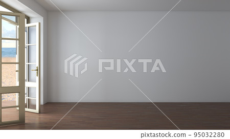 Mockup Interior of the White Hotel Room with Open Doors Overlooking the Beach, Yellow Sand and Clouds. Sea View Interior with Dark Parquet Flooring and White Stucco walls. 3D rendering, Ultra HD 8K Mockup Interior of the White Hotel Room with Open Doors Overlooking the Beach, Yellow Sand and Clouds. Sea View Interior with Dark Parquet Flooring and White Stucco walls. 3D rendering, Ultra HD 8K 95032280