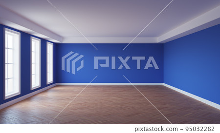 Mockup Interior with Dark Blue Walls, White Ceiling and Cornice, Three Large Windows, Glossy Herringbone Parquet Floor and a White Plinth. Beautiful Room Concept. 3D render, 8K Ultra HD, 7680x4320 Mockup Interior with Dark Blue Walls, White Ceiling and Cornice, Three Large Windows, Glossy Herringbone Parquet Floor and a White Plinth. Beautiful Room Concept. 3D render, 8K Ultra HD, 7680x4320 95032282