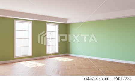Mockup Interior of the Green Room with a White Ceiling and Cornice, Glossy Herringbone Parquet Floor, Two Large Windows and a White Plinth. Beautiful Interior Concept. 3D illustration, 8K Ultra HD 95032283