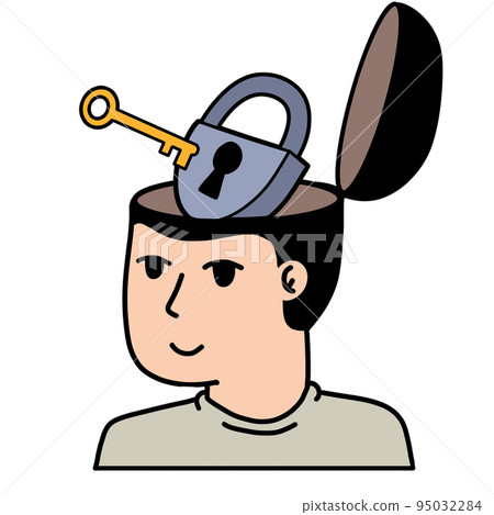 Man with lock in his head. Concept of reception of psychologist and psychiatrist. Solving mental problems, Psychotherapeutic counseling. Patient with psychological trouble 95032284