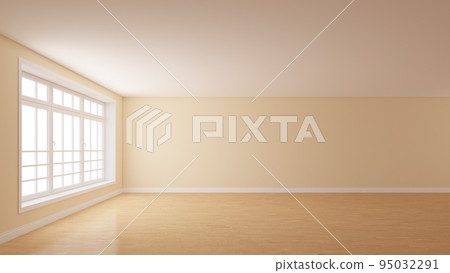 Frontal View of the Mockup Interior with Beige Plastered Walls, a Large Window on the Left, White Plinth and a Light Parquet Floor. Unfurnished room. 3D illustration, 8K Ultra HD, 7680x4320, 300 dpi 95032291