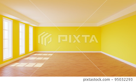 Mockup Interior of the Sunny Room with Yellow Walls, Three Windows, White Ceiling Cornice, Glossy Herringbone Parquet Floor and a White Plinth. 3D rendering with a Work Path on the Window. Ultra HD 8K Mockup Interior of the Sunny Room with Yellow Walls, Three Windows, White Ceiling Cornice, Glossy Herringbone Parquet Floor and a White Plinth. 3D rendering with a Work Path on the Window. Ultra HD 8K 95032293