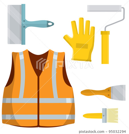 Paint brush. Yellow construction vest and glove 95032294