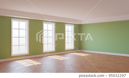 Mockup Interior with Green Walls, Three Large Windows, White Ceiling and Cornice, Glossy Herringbone Parquet Flooring and a White Plinth. 3D illustration. Ultra HD 8K 7680x4320, 300 dpi 95032297