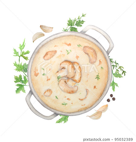 Watercolor illustration of mushroom soup. Champignon. Botanical illustration. Food painting. 95032389