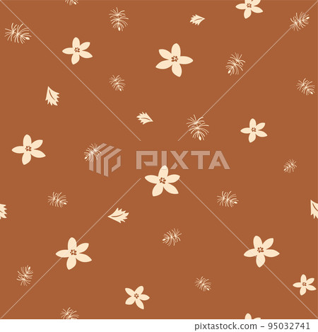 Boho floral Christmas pattern. Christmas flowers, poinsettia, fir branch seamless pattern. Scandinavian Christmas flower background. Vector illustration. Winter holiday wrapping paper, fabric, print. 95032741
