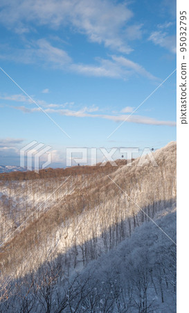 Nagasaka gondola and scenery seen from the skyline course of winter Nozawa Onsen ski resort in Shimotakai-gun, Nagano prefecture 95032795