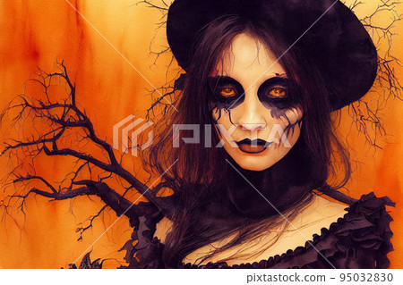 Halloween witch. Beautiful model in halloween costume. Young woman with horror make up. Pretty magic girl. Halloween witch. Beautiful model in halloween costume. Young woman with horror make up. Pretty magic girl. 95032830
