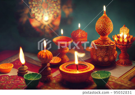Diwali holiday india celebration. Oil lamp and fire lights festival. 95032831
