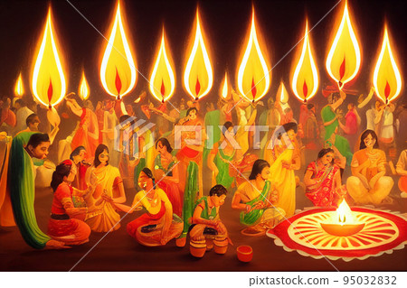 Diwali holiday india celebration. Oil lamp and fire lights festival. 95032832