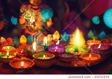 Diwali holiday india celebration. Oil lamp and fire lights festival. Diwali holiday india celebration. Oil lamp and fire lights festival. 95032834