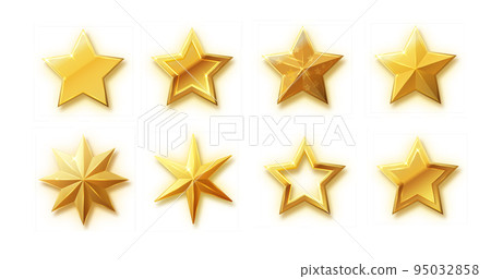 Vector stars set of realistic metallic golden stars isolated on white background. Glossy yellow 3D trophy star icon. 95032858