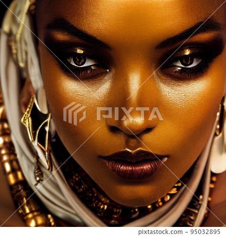 African beautiful woman portrait. Brunette curly haired young model with dark skin and perfect smile African beautiful woman portrait. Brunette curly haired young model with dark skin and perfect smile 95032895