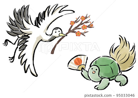 Illustration of crane and turtle celebrating with plum branch and folding fan 95033046