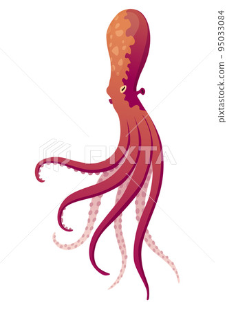 Octopus cartoon flat character with suckers on hands. Aquatic fauna icon. Animal illustration for zoo ad, nature concept. Cute color octopus, sea animal with tentacles 95033084