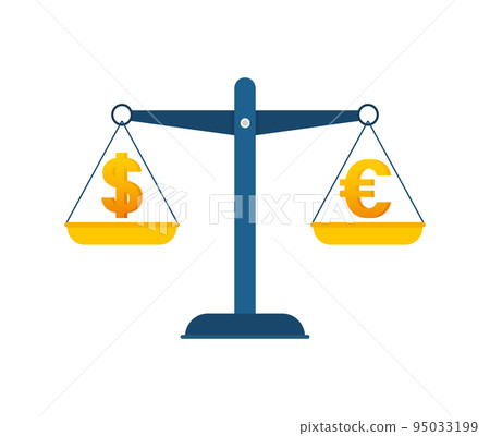 Dollar vs Euro on balance. Scales with money. Vector stock illustration. Dollar vs Euro on balance. Scales with money. Vector stock illustration. 95033199