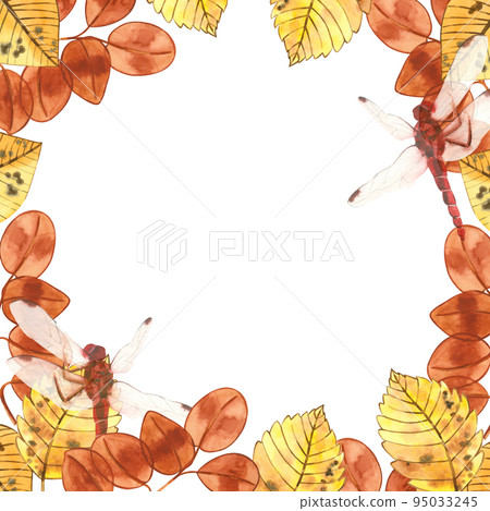 A square frame of autumn red and leaves and a red dragonfly hand-painted in watercolor on a white background. Suitable for design, fabric printing and scrapbooking of invitations and postcards A square frame of autumn red and leaves and a red dragonfly hand-painted in watercolor on a white background. Suitable for design, fabric printing and scrapbooking of invitations and postcards 95033245