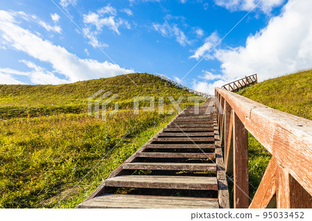 Wooden stairs going up to the historical mound of Seredzius, Lithuania 95033452