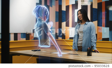 An avatar gives presentation to asian woman through an abstract hologram screen 95033628