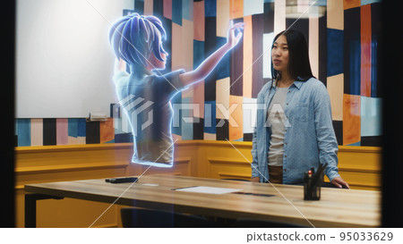 An avatar gives presentation to asian woman through an abstract hologram screen An avatar gives presentation to asian woman through an abstract hologram screen 95033629