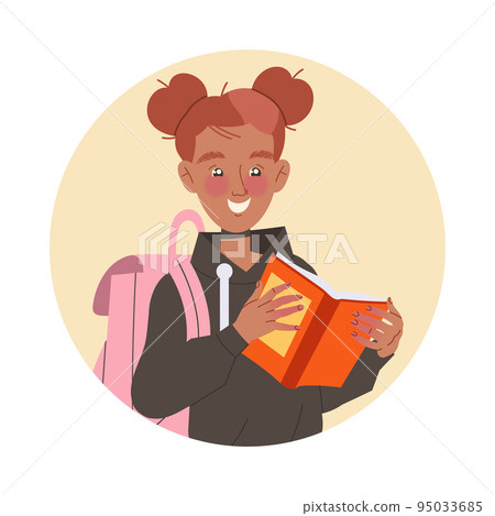 Smiling Girl Teen with Backpack Holding Open Book in Circle Vector Illustration 95033685