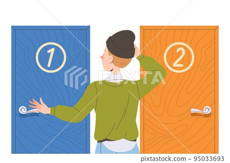 Young Man Character Making His Own Choice Choosing Right Door Scratching His Head Vector Illustration Young Man Character Making His Own Choice Choosing Right Door Scratching His Head Vector Illustration 95033693
