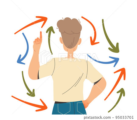 Man Character Making His Own Choice Choosing Right Arrow and Direction Vector Illustration 95033701