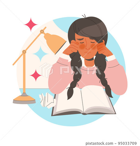 Focused Woman Character Learning Sitting at Desk with Open Book Trying to Remember Vector Illustration 95033709