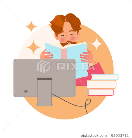 Bearded Man Character Learning Sitting at Desk at Computer and Reading Book Studying Vector Illustration 95033711