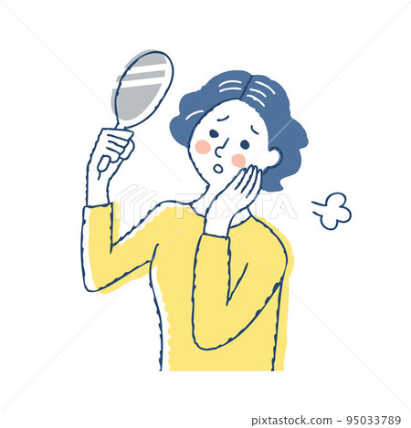 Hair worries Woman looking at gray hair in a hand mirror Hair worries Woman looking at gray hair in a hand mirror 95033789