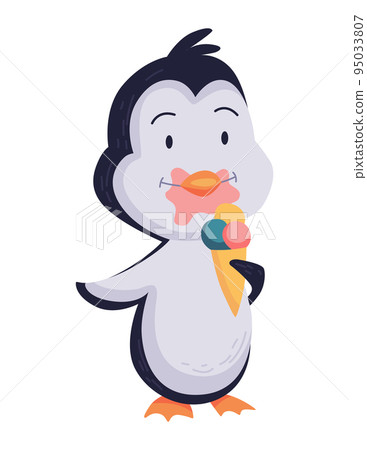 Cute penguin stands with icecream and eating. Funny draw character in cartoon style. Adorable wild animal 95033807
