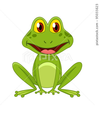 Cartoon frogs Funny cartoon frog. Little amphibia character standing and smiling on white background. Adorable froggy watching 95033823