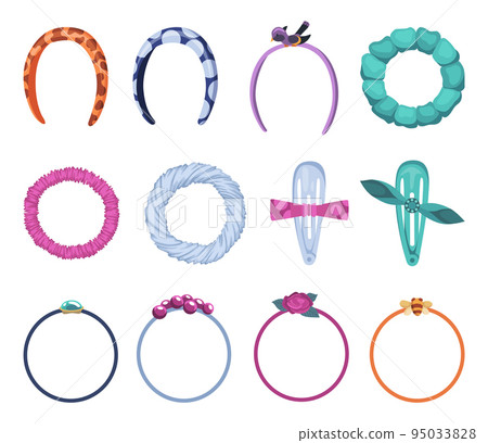 Hair accessorie headband set. Illustration of accessory for care and clip hairnine. Woman hair fashion items. Elastic bands bows and hoops 95033828