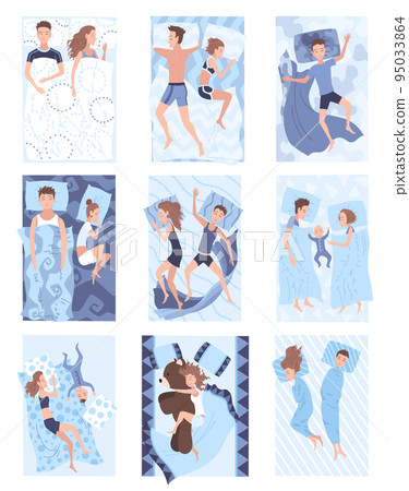 Sleep people on bed. Set of character lying in different postures during night slumber. Top view person sleeping in bed, asleep couple at bedroom. Female in pajamas or night dream position 95033864