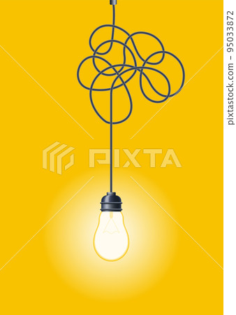 Decorative design lightbulb. Messy line and bulb. Idea concept with outline lamp. Doodle tangled cord with knot and illuminator 95033872