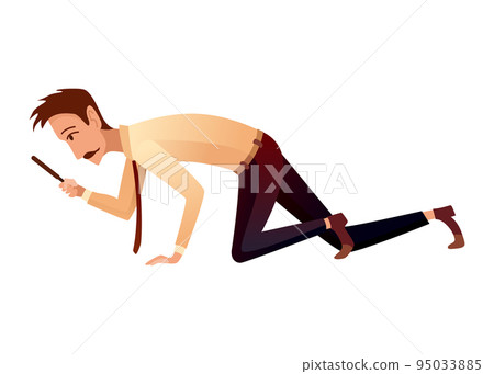 Male private detective or inspector investigate crime and look for evidence. Detective character with magnifying glass cartoon flat style. Investigator solving crime Male private detective or inspector investigate crime and look for evidence. Detective character with magnifying glass cartoon flat style. Investigator solving crime 95033885
