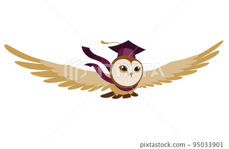 Owl wearing graduation cap. Cute wise owl with hat. Symbol of wisdom or graduation from higher or secondary educational institution Owl wearing graduation cap. Cute wise owl with hat. Symbol of wisdom or graduation from higher or secondary educational institution 95033901