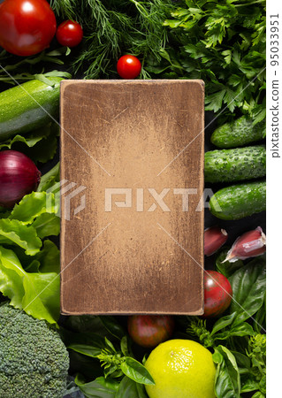 Variety of fresh vegetables at table background. Cookig concept and salad ingredients 95033951