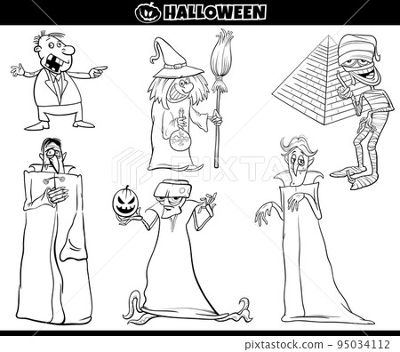 cartoon Halloween holiday characters set coloring page 95034112