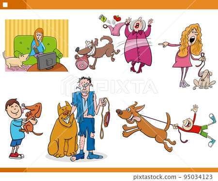 cartoon pet owners with their dogs comic set cartoon pet owners with their dogs comic set 95034123