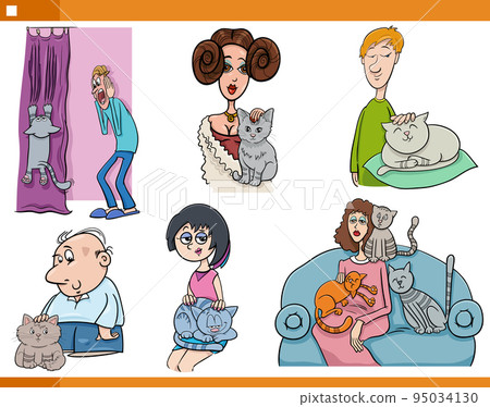 cartoon pet owners with their cats comic set 95034130