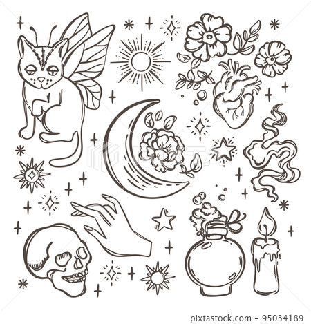 ASTROLOGICAL SYMBOLS Monochrome Hand Drawn Objects Sketch Alchemic Astrologic And Occult Celestial Collection Magical Accessories Cartoon Vector Illustration 95034189