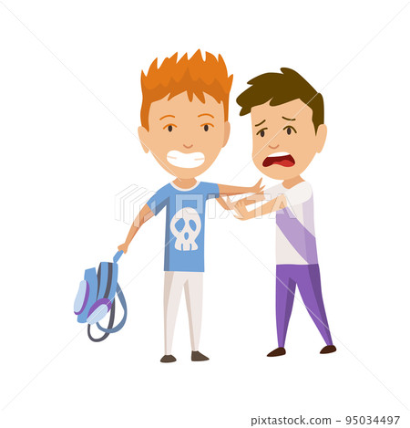 Kids bullying. Childish bullies or verbal and physical conflict between children. Bad child behavior, scared and strong angry children conflict, cartoon characters confrontation 95034497