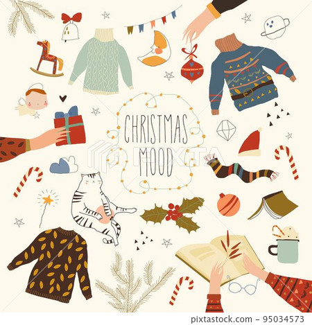 Cartoon Christmas Set with Sweaters, Books and Graphic Holiday Elements Cartoon Christmas Set with Sweaters, Books and Graphic Holiday Elements 95034573
