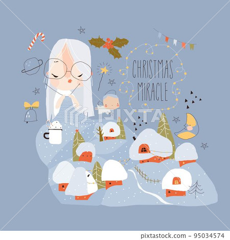 Concept Illustration with Winter Girl knitting Snowdrifts. Christmas Miracle Concept Illustration with Winter Girl knitting Snowdrifts. Christmas Miracle 95034574