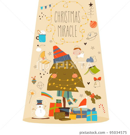 Decorated Christmas Tree with Gift Boxes, Stars, Lights, Decoration Elements Decorated Christmas Tree with Gift Boxes, Stars, Lights, Decoration Elements 95034575