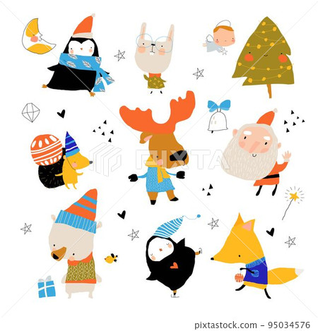 Lovely Christmas Set in Cartoon Style with Cute Animals Lovely Christmas Set in Cartoon Style with Cute Animals 95034576
