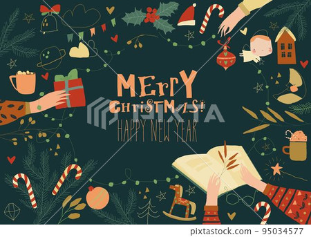 Merry Christmas Party Poster with Hands Holding holiday Decorations Merry Christmas Party Poster with Hands Holding holiday Decorations 95034577