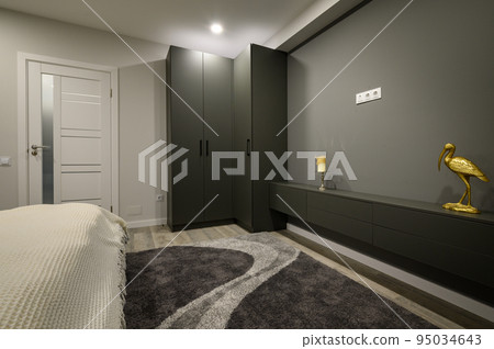 Modern master bedroom with trendy gray and white interior 95034643