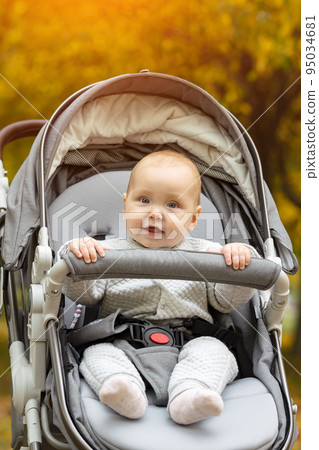 Portrait of cute baby girl in stroller during walk in park 95034681